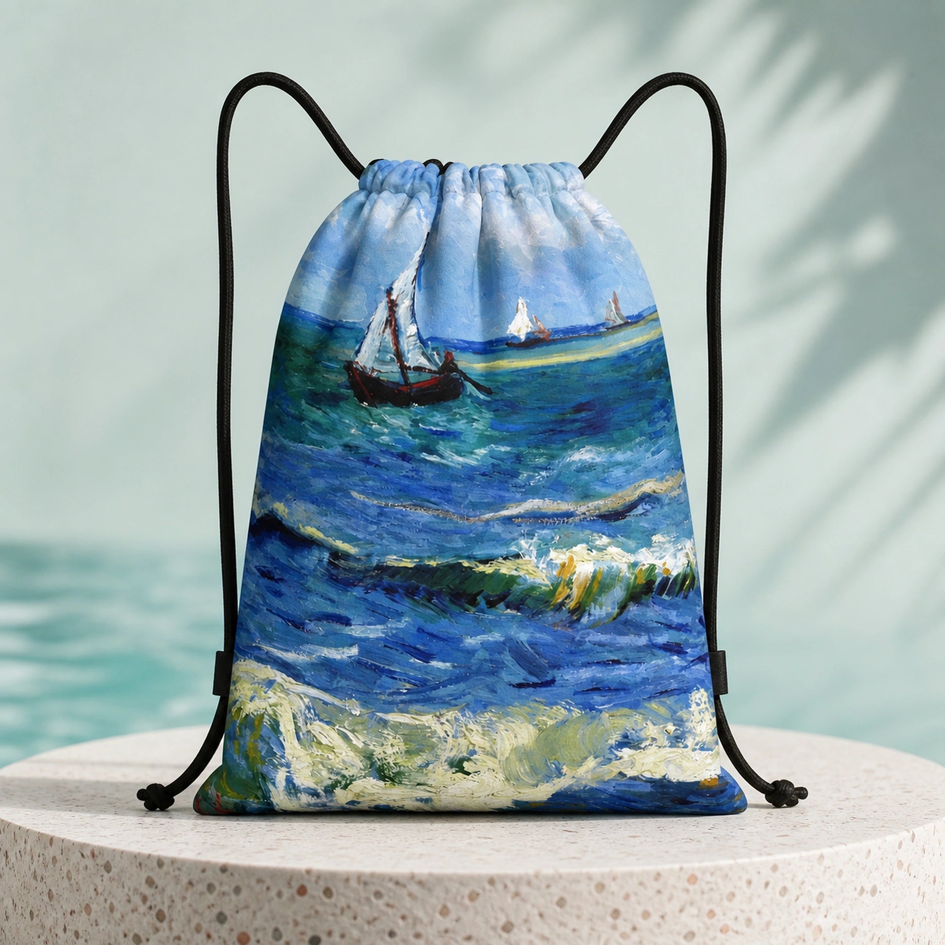 Sailboat Seascape Print artistic drawstring backpack, complete front product view — view 16