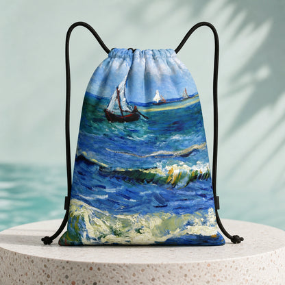 Sailboat Seascape Print artistic drawstring backpack, complete front product view — view 16