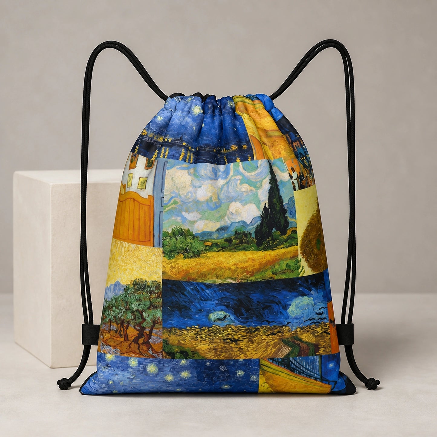 Art Masterpieces Collage Print artistic drawstring backpack, complete front product view — view 17