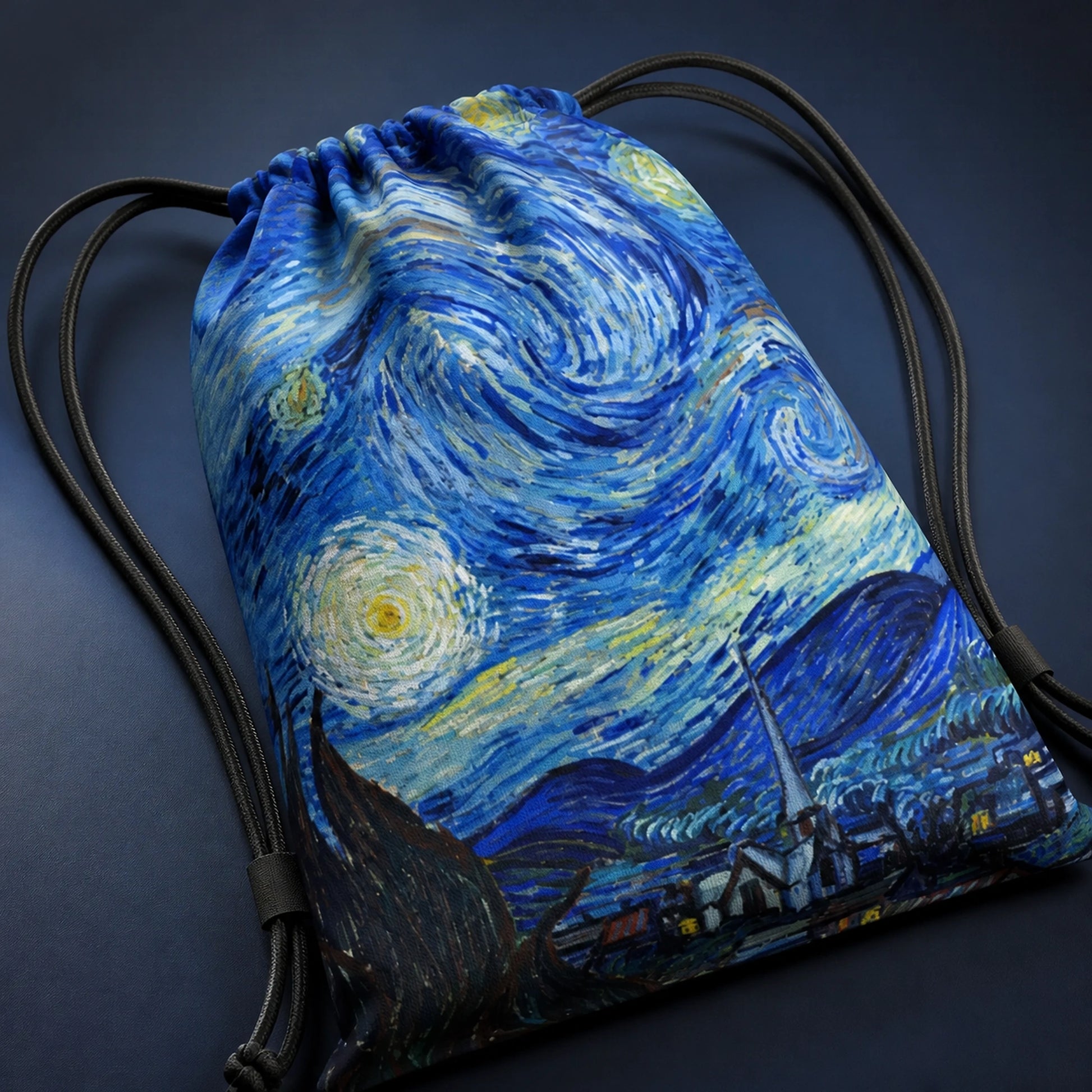 Starry Night Print artistic drawstring backpack, drawcord and material construction detail — view 19