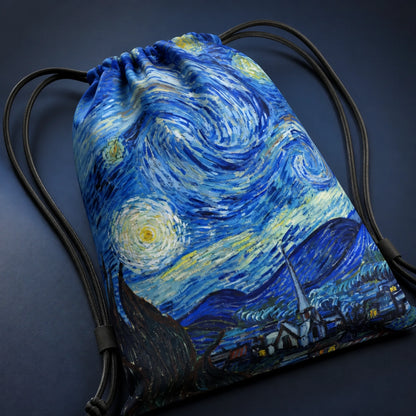 Starry Night Print artistic drawstring backpack, drawcord and material construction detail — view 19