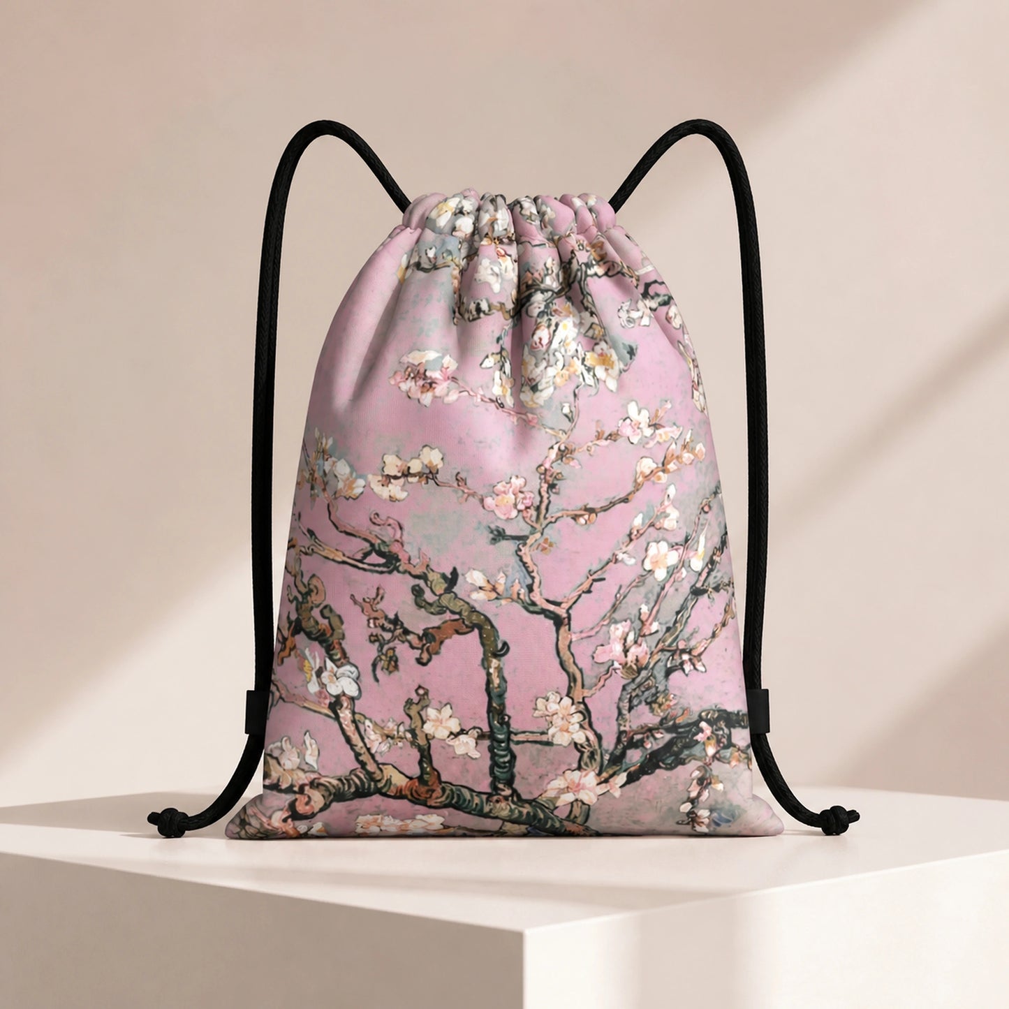Pink Almond Blossoms Print artistic drawstring backpack, complete front product view — view 2