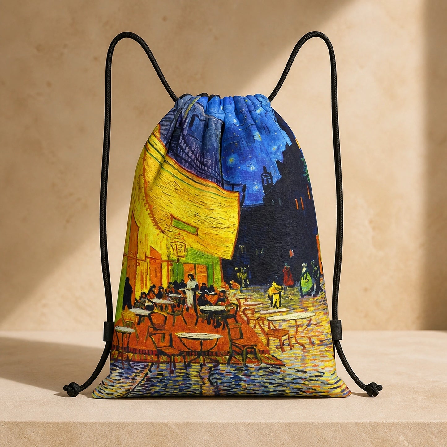 Café Terrace at Night Print artistic drawstring backpack, complete front product view — view 3