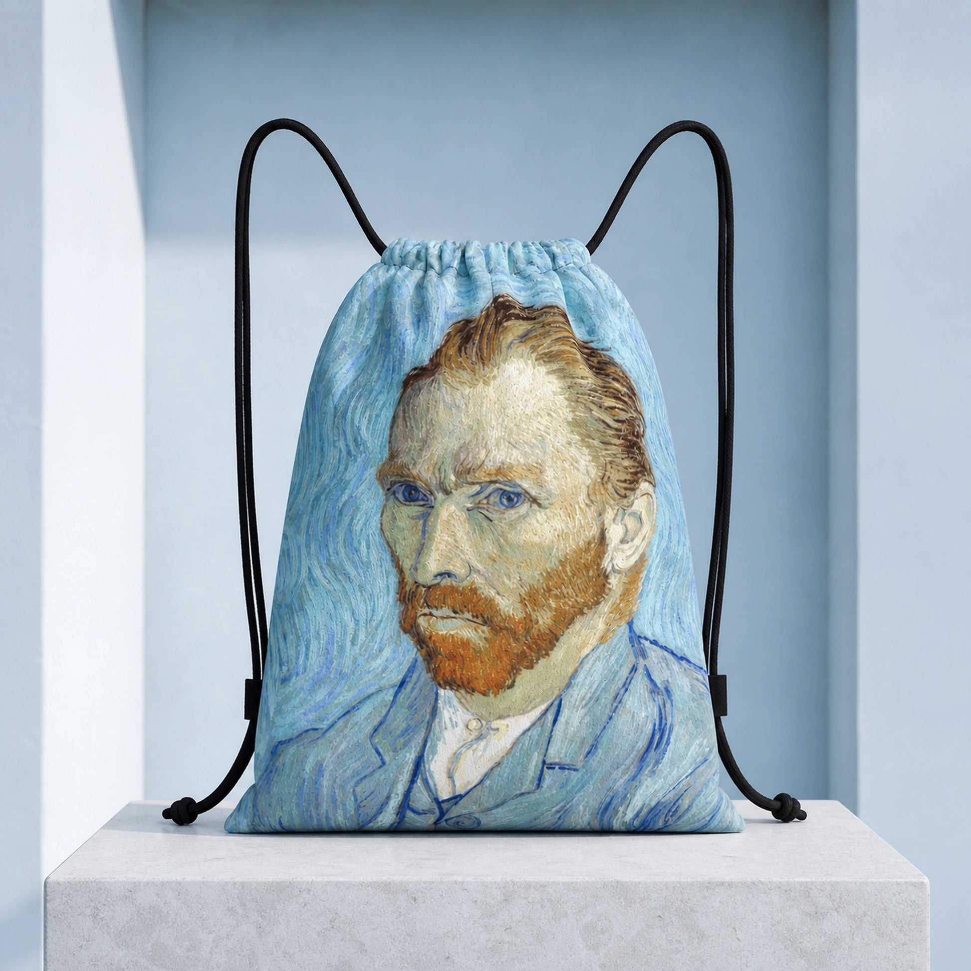 Artist Self Portrait Print artistic drawstring backpack, complete front product view — view 4