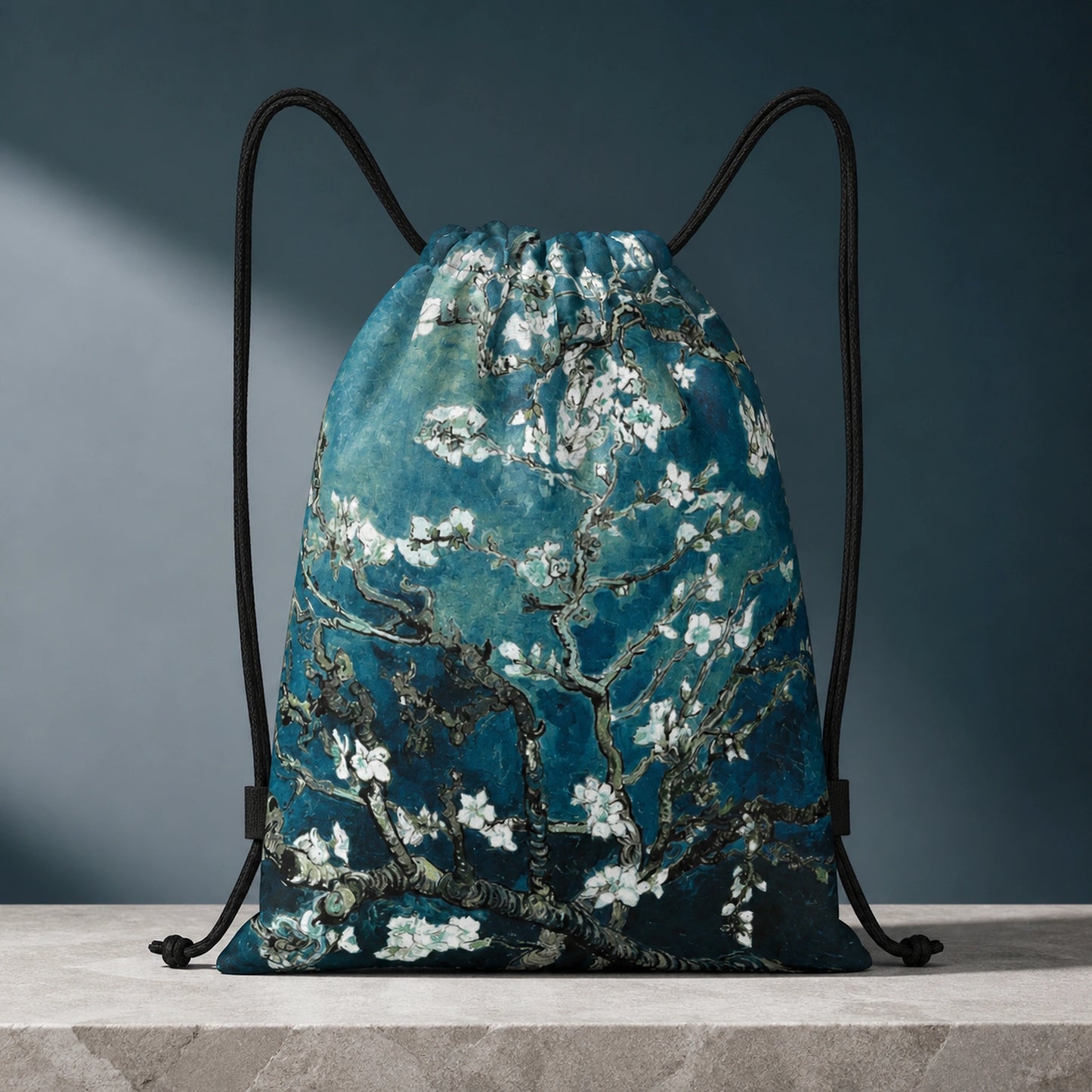Teal Almond Blossoms Print artistic drawstring backpack, complete front product view — view 6