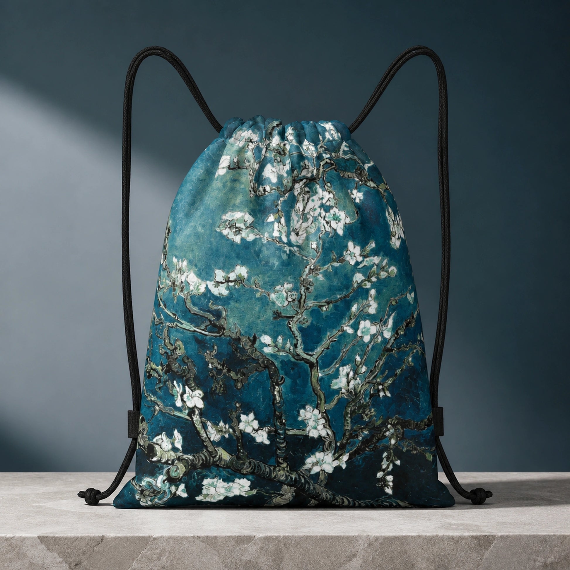 Teal Almond Blossoms Print artistic drawstring backpack, complete front product view — view 6