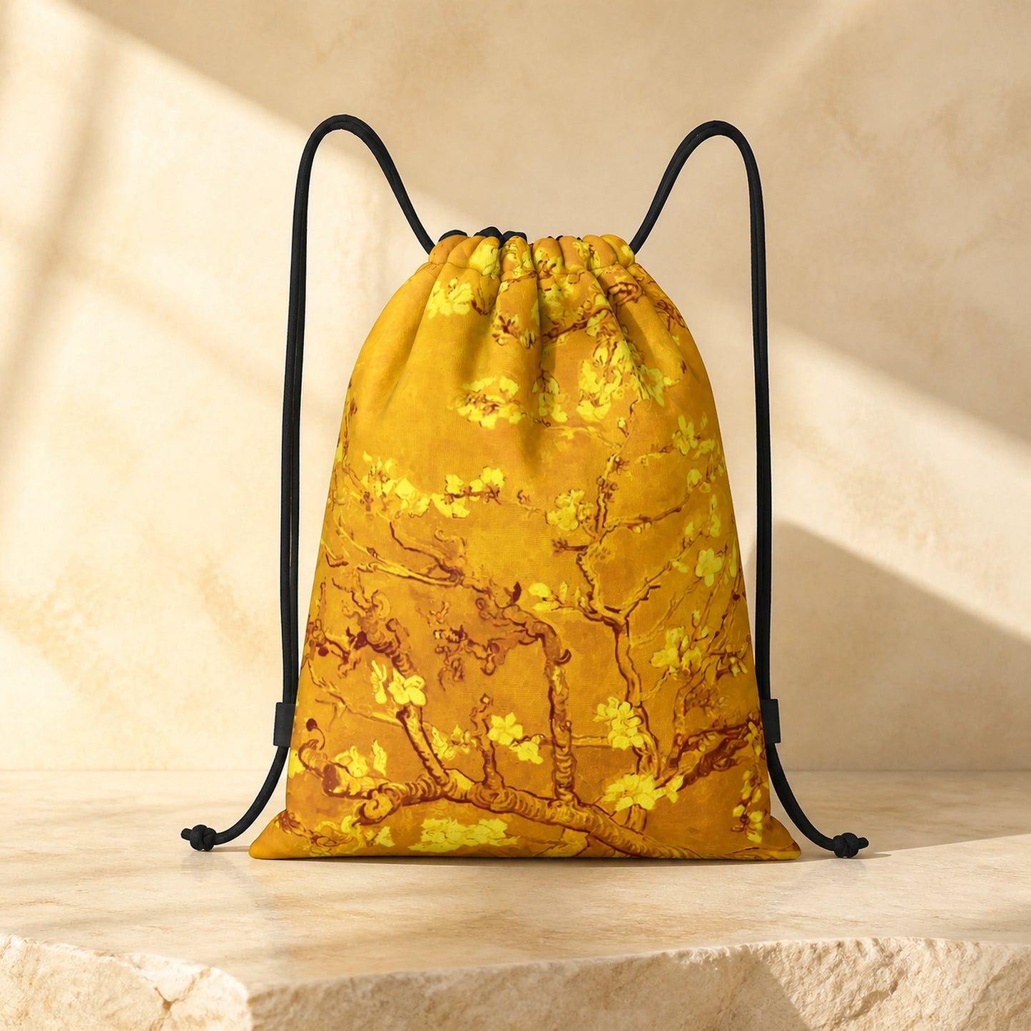 Golden Almond Blossoms Print artistic drawstring backpack, complete front product view — view 7