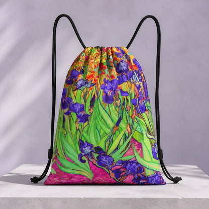 Vibrant Irises Print artistic drawstring backpack, complete front product view — view 9