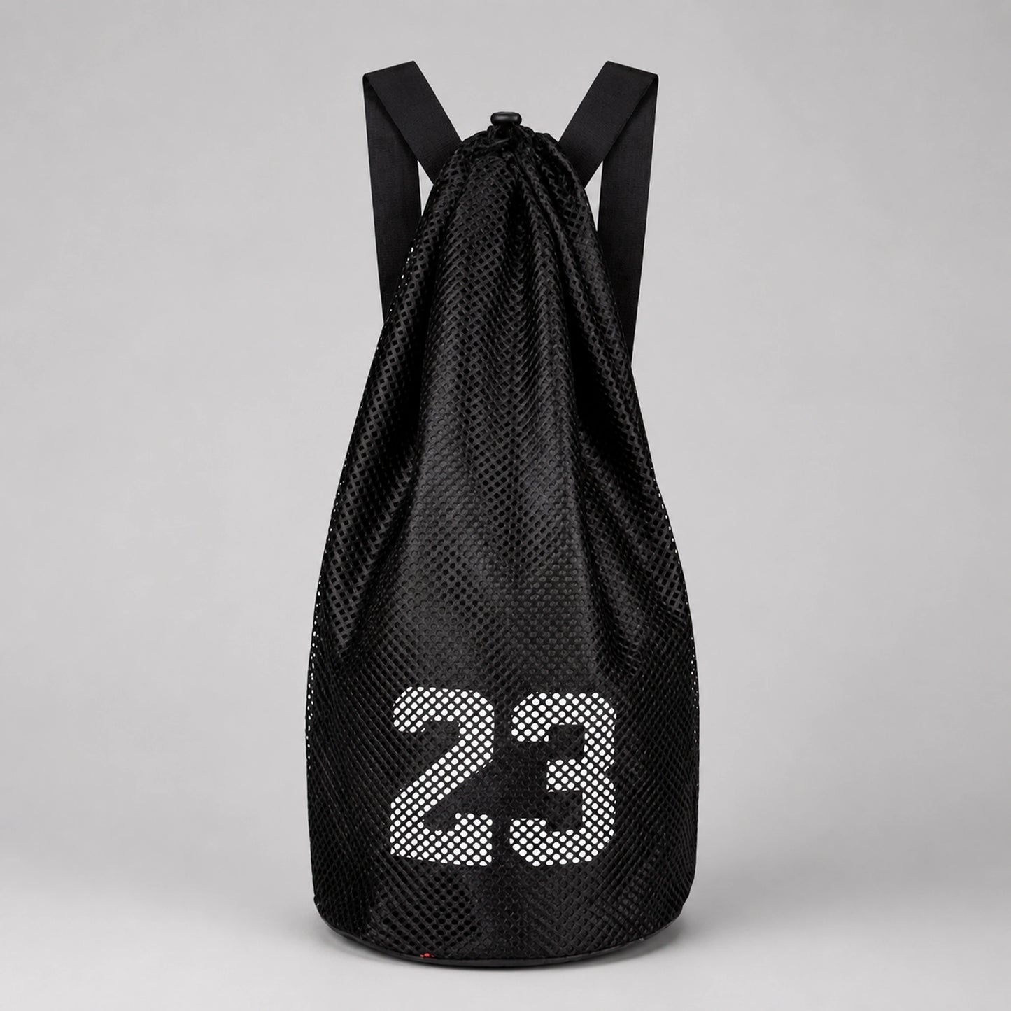 drawstring backpack — Black mesh athletic drawstring ball backpack, complete front product view
