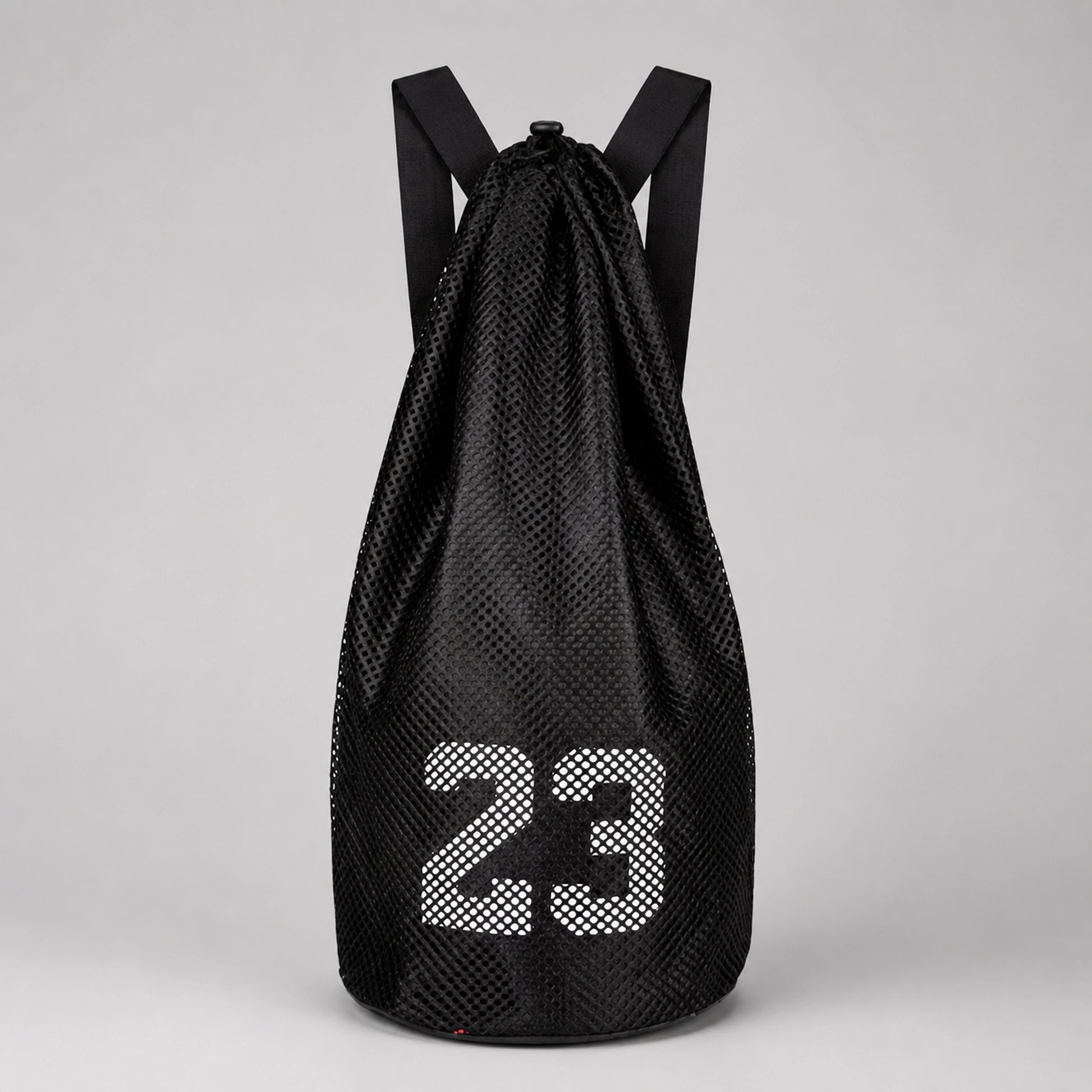 drawstring backpack — Black mesh athletic drawstring ball backpack, complete front product view