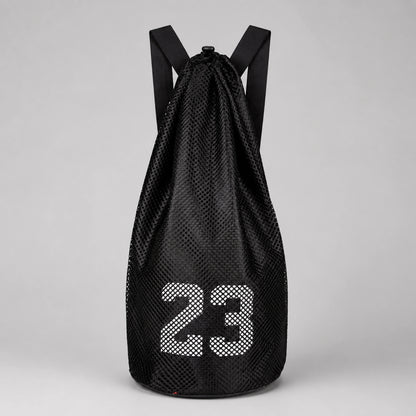 drawstring backpack — Black mesh athletic drawstring ball backpack, complete front product view