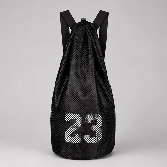 drawstring backpack — Black mesh athletic drawstring ball backpack, complete front product view