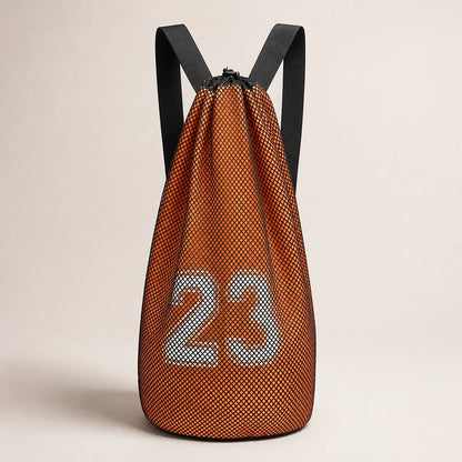 drawstring backpack — Orange and black mesh athletic drawstring ball backpack, complete front product view — view 3