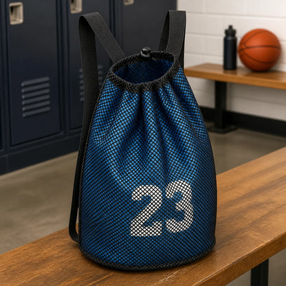 drawstring backpack — Blue and black mesh athletic drawstring ball backpack, open construction view — view 4