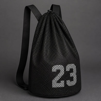 drawstring backpack — Black mesh athletic drawstring ball backpack, strap and material detail — view 5