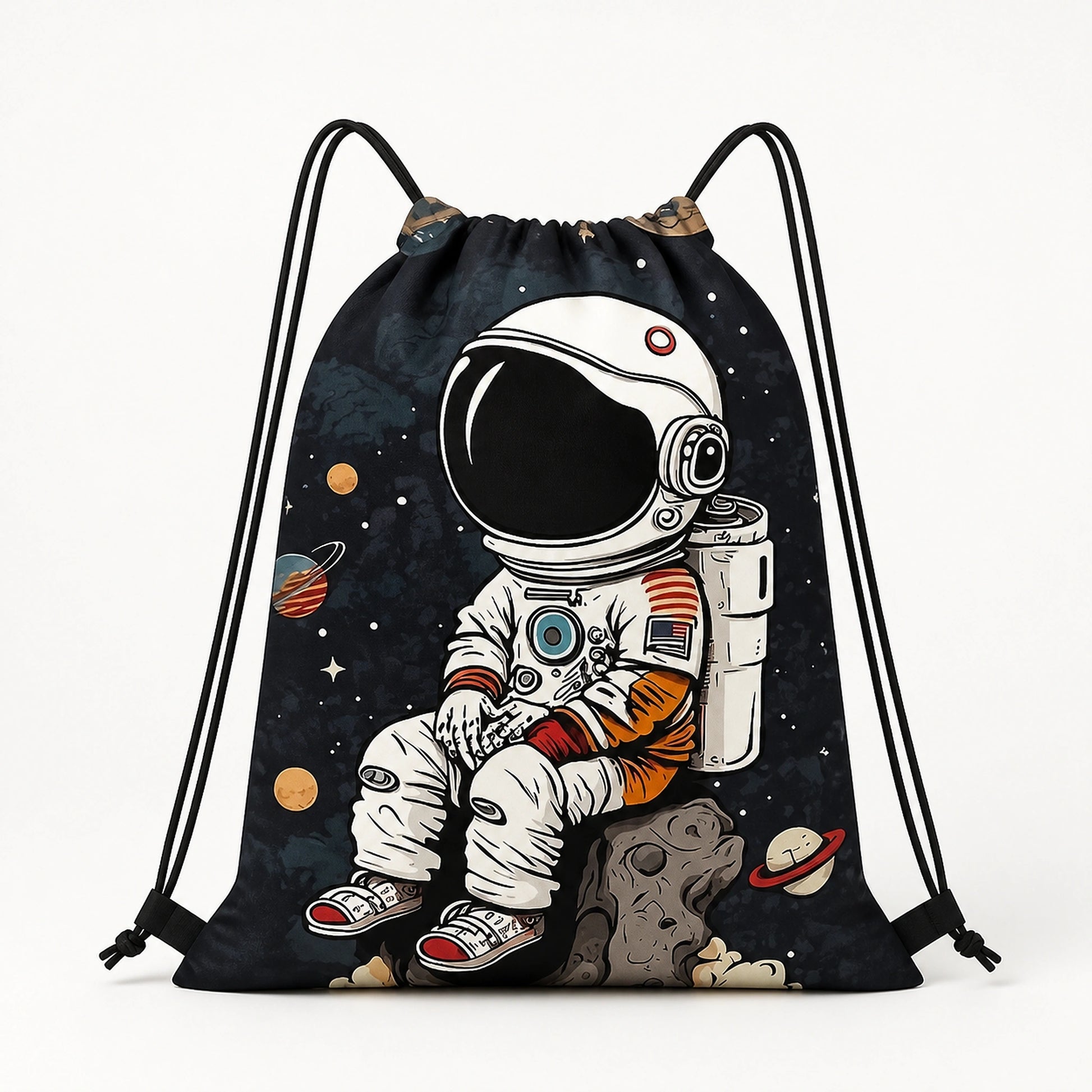 Navy blue astronaut print drawstring backpack, complete front view