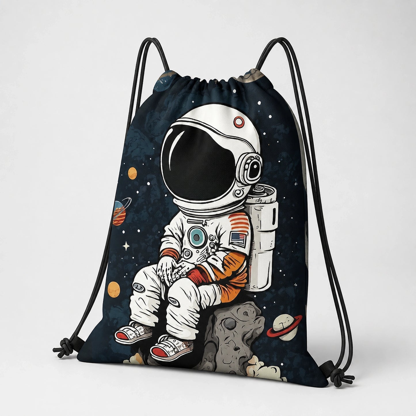Navy blue astronaut print drawstring backpack, three quarter construction view — view 2