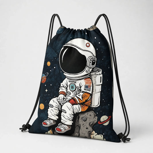 Navy blue astronaut print drawstring backpack, three quarter construction view — view 2