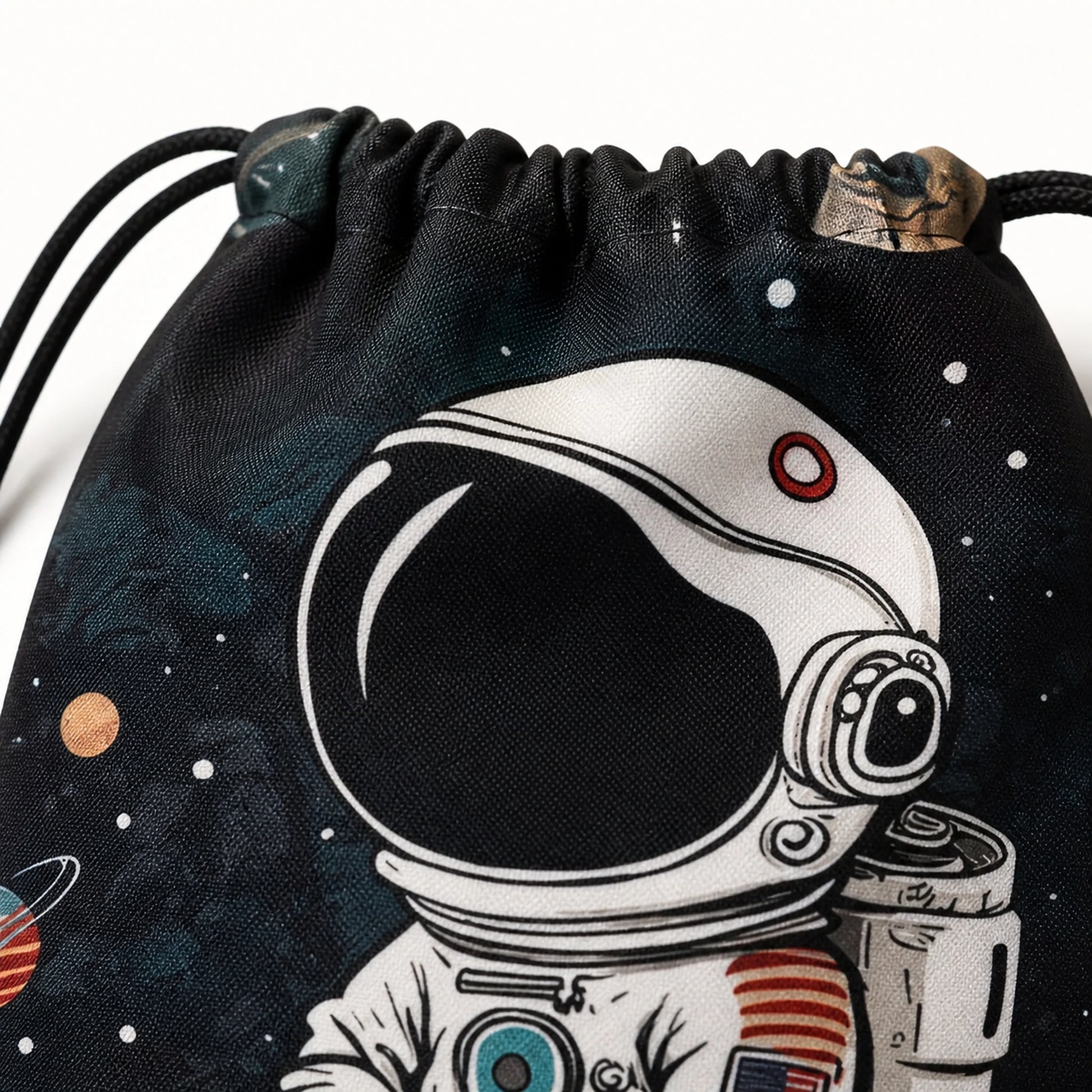 Navy blue astronaut print drawstring backpack, fabric and detail — view 3