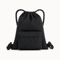 Black drawstring backpack, complete front product view