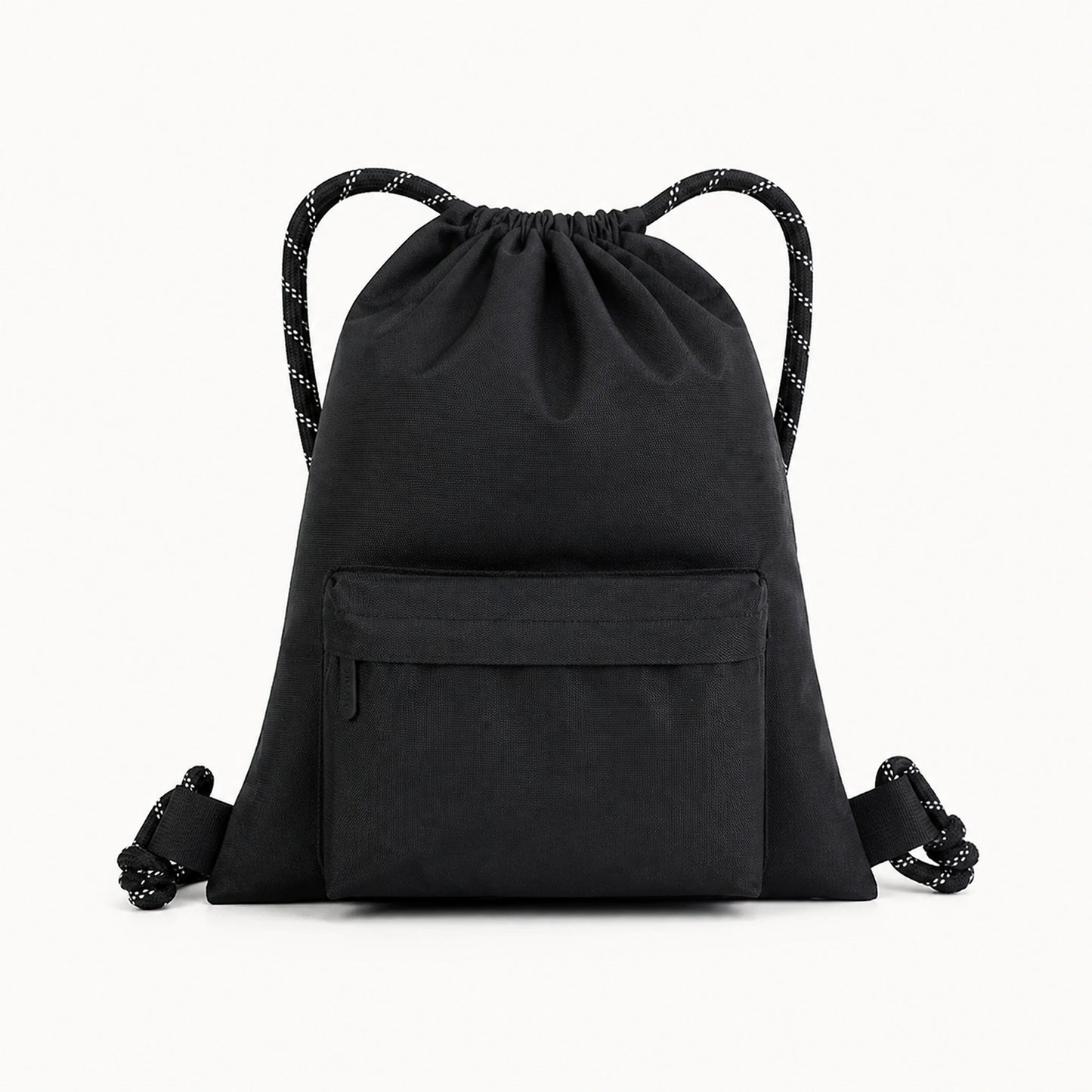Black drawstring backpack, complete front product view
