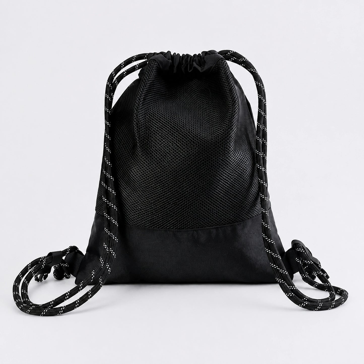 Black drawstring backpack, breathable mesh back and cord construction — view 2