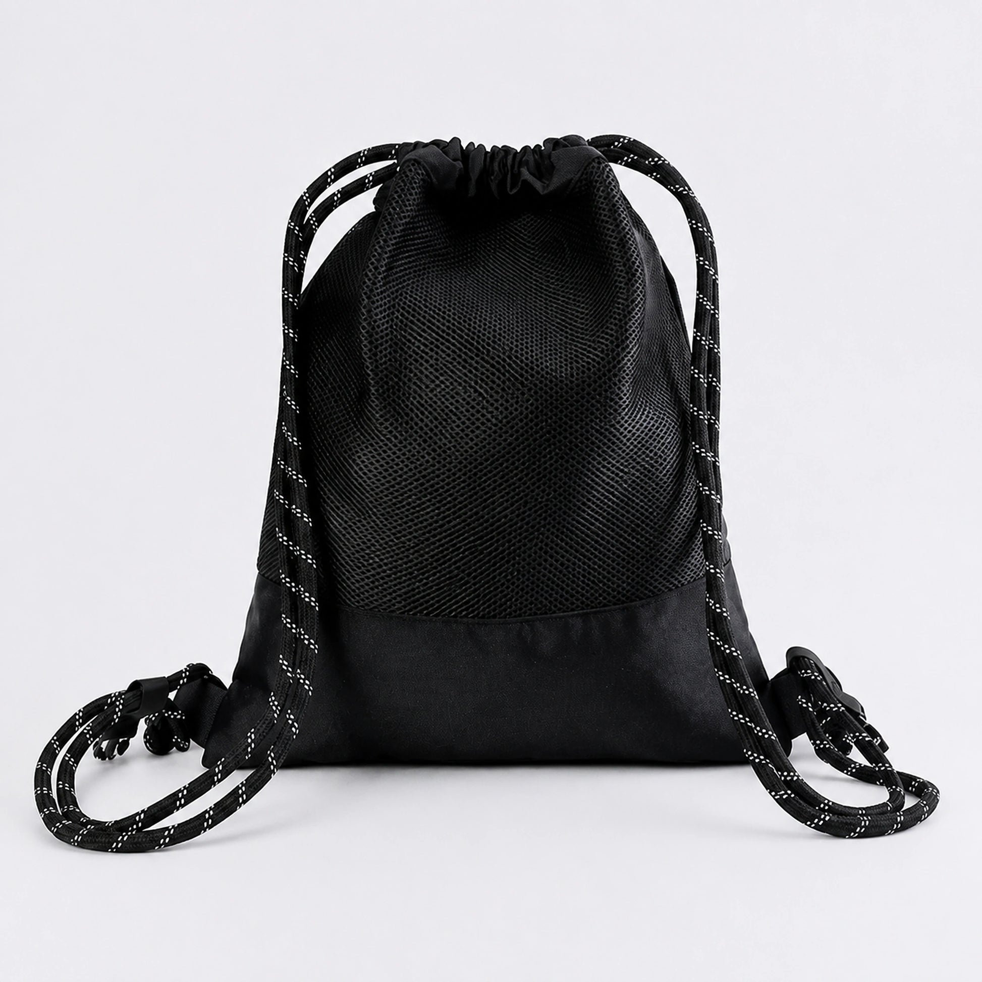 Black drawstring backpack, breathable mesh back and cord construction — view 2