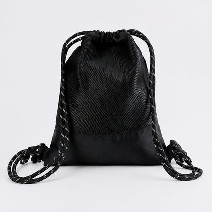 Black drawstring backpack, breathable mesh back and cord construction — view 2