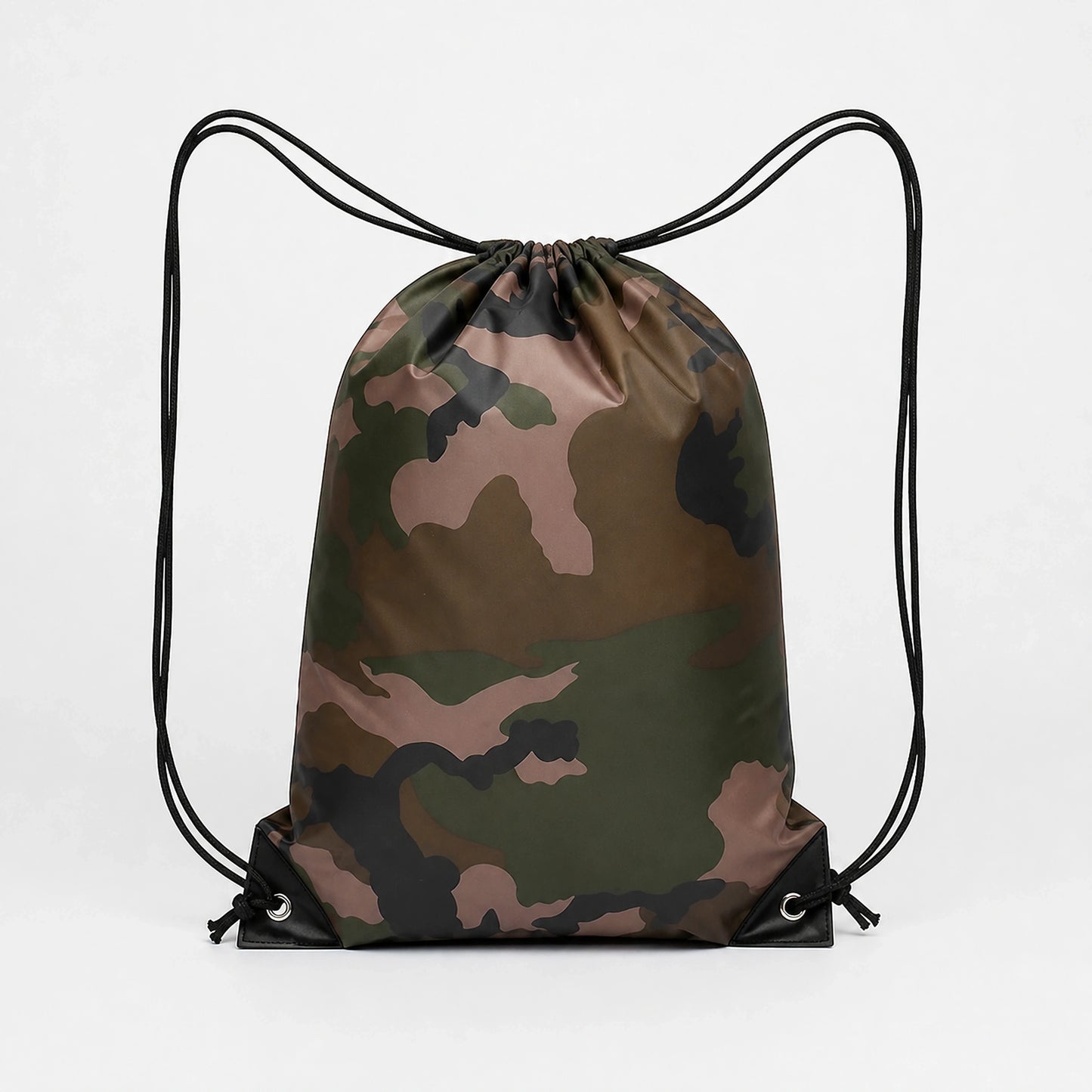 Woodland camouflage drawstring backpack, complete front product view