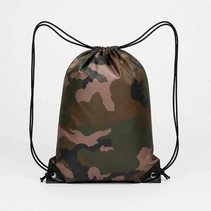 Woodland camouflage drawstring backpack, complete front product view