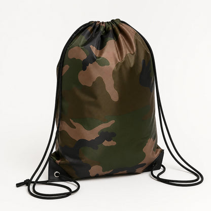 Woodland camouflage drawstring backpack, rear three quarter construction view — view 2