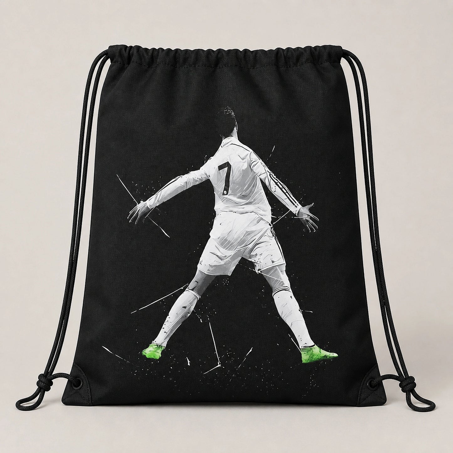 Black Soccer No. 7 Graphic Drawstring Backpack Front View