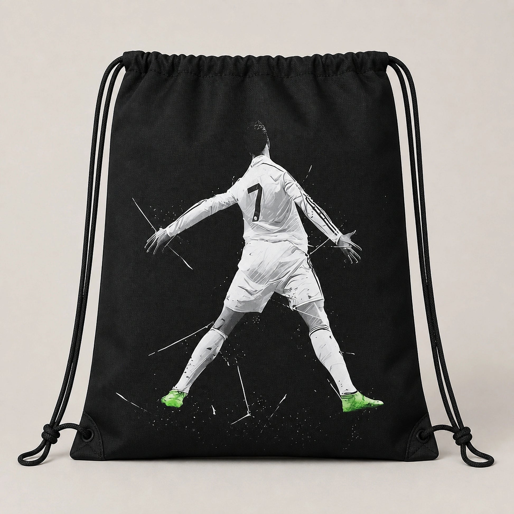 Black Soccer No. 7 Graphic Drawstring Backpack Front View