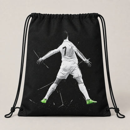 Black Soccer No. 7 Graphic Drawstring Backpack Front View