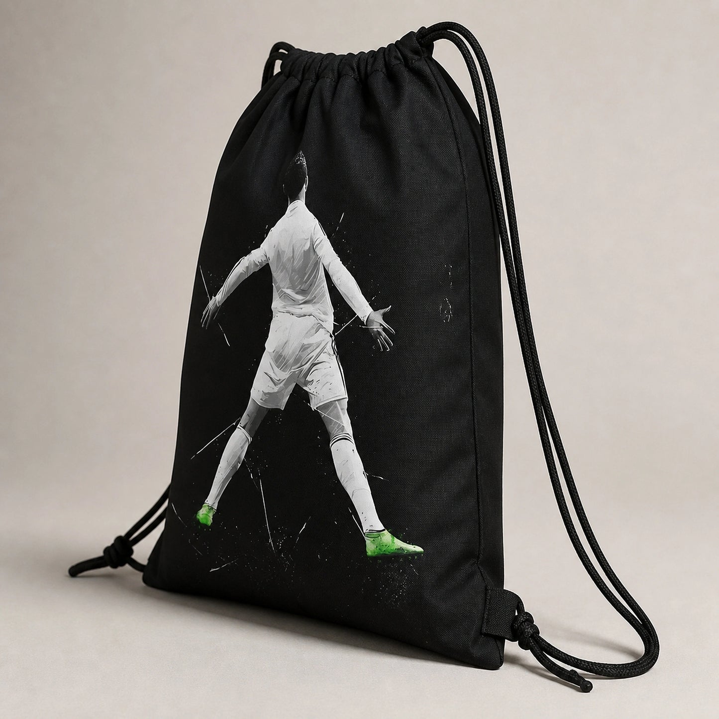 Black Soccer No. 7 Graphic Drawstring Backpack Side Construction View — view 2