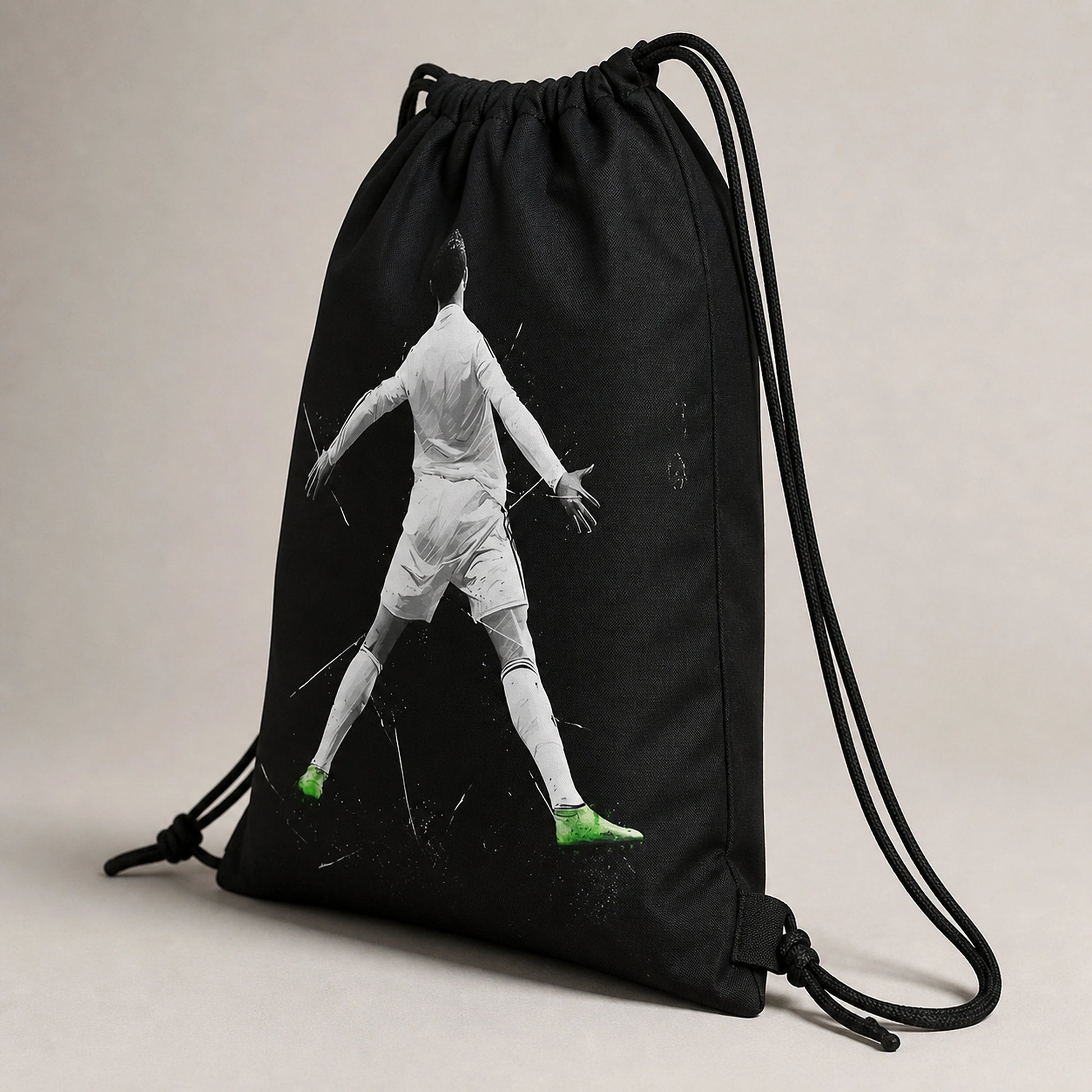Black Soccer No. 7 Graphic Drawstring Backpack Side Construction View — view 2