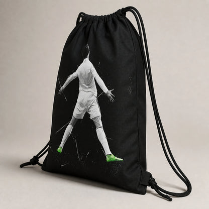 Black Soccer No. 7 Graphic Drawstring Backpack Side Construction View — view 2
