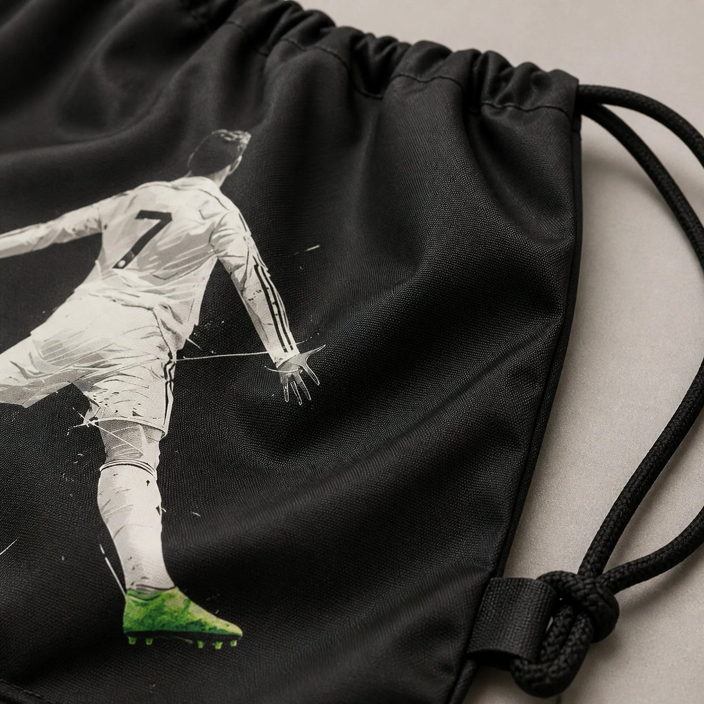 Black Soccer No. 7 Graphic Drawstring Backpack Polyester and Drawcord Detail — view 4