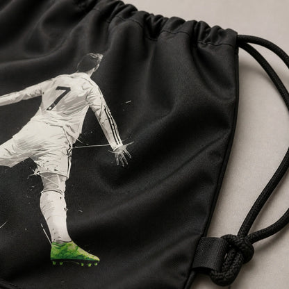 Black Soccer No. 7 Graphic Drawstring Backpack Polyester and Drawcord Detail — view 4