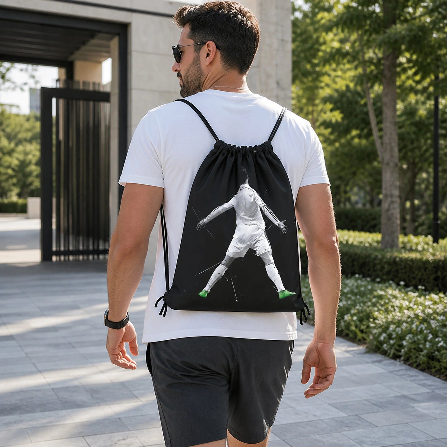 Adult Wearing Black Soccer No. 7 Graphic Drawstring Backpack View — view 5