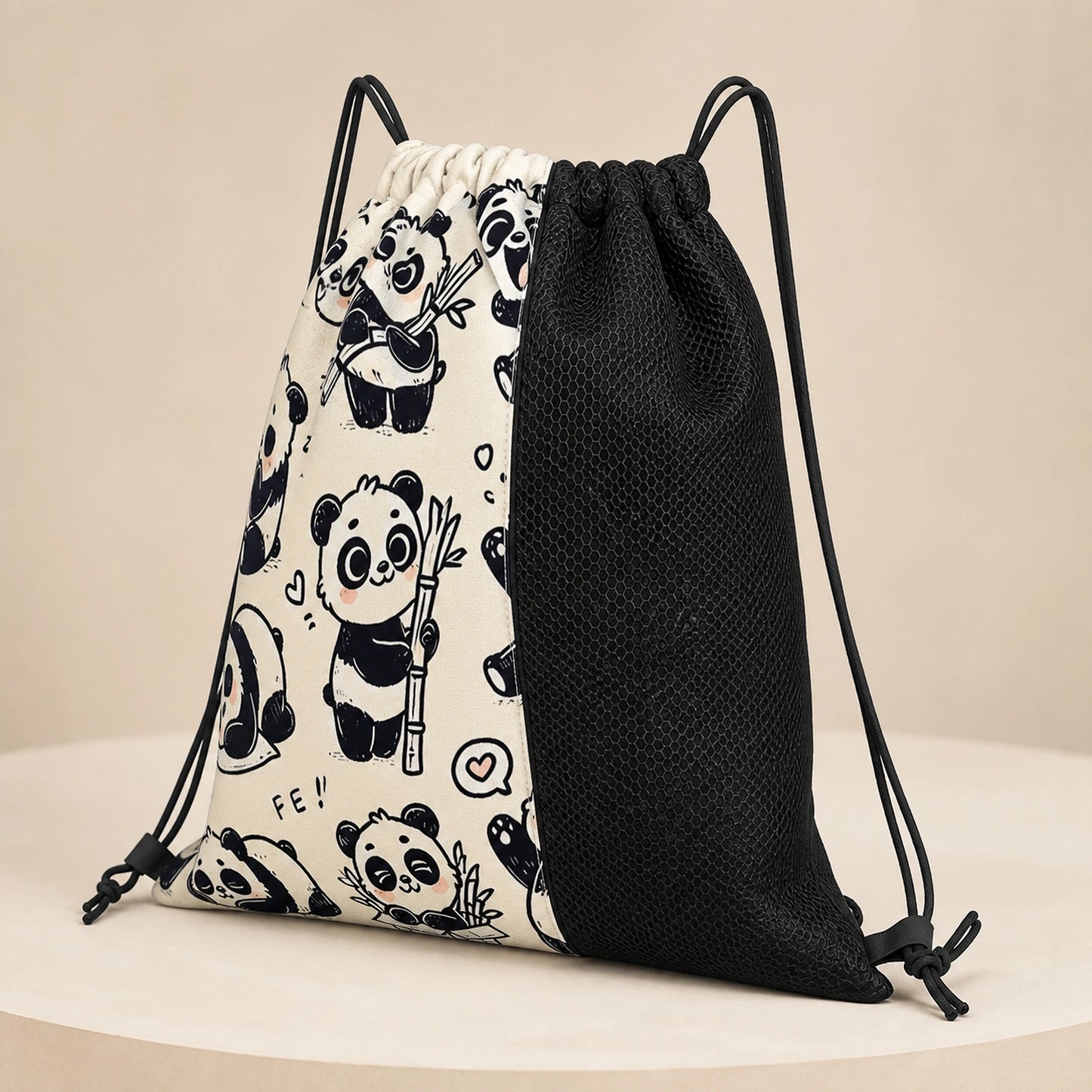 Panda Print Drawstring Backpack — Construction View — view 3