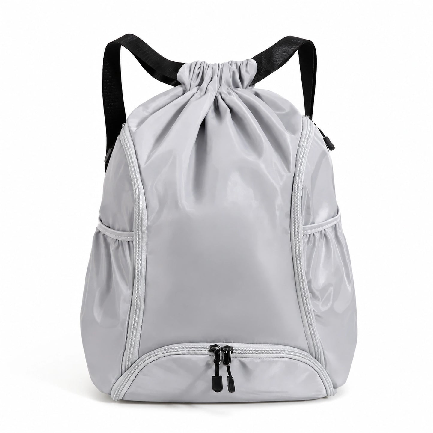 drawstring backpack — Light gray drawstring sports backpack, complete front product view — view 2