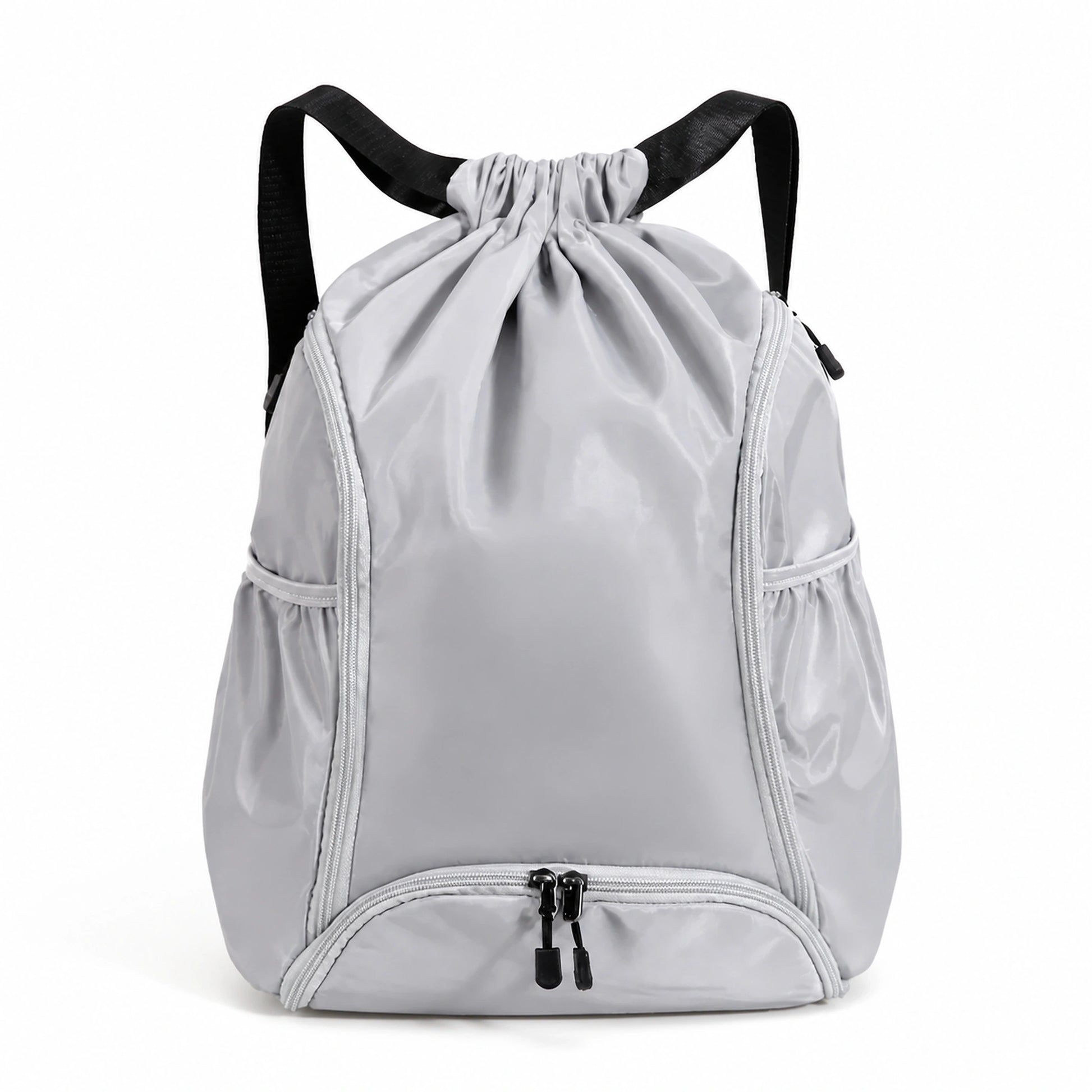 drawstring backpack — Light gray drawstring sports backpack, complete front product view — view 2