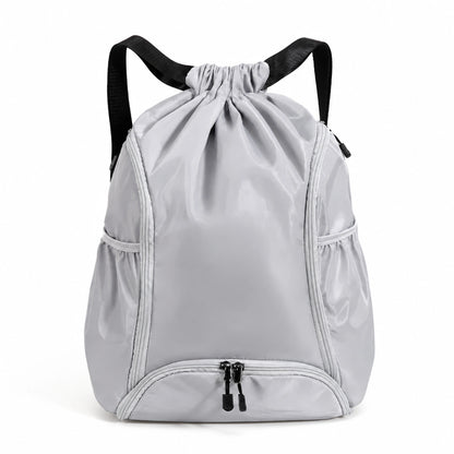 drawstring backpack — Light gray drawstring sports backpack, complete front product view — view 2