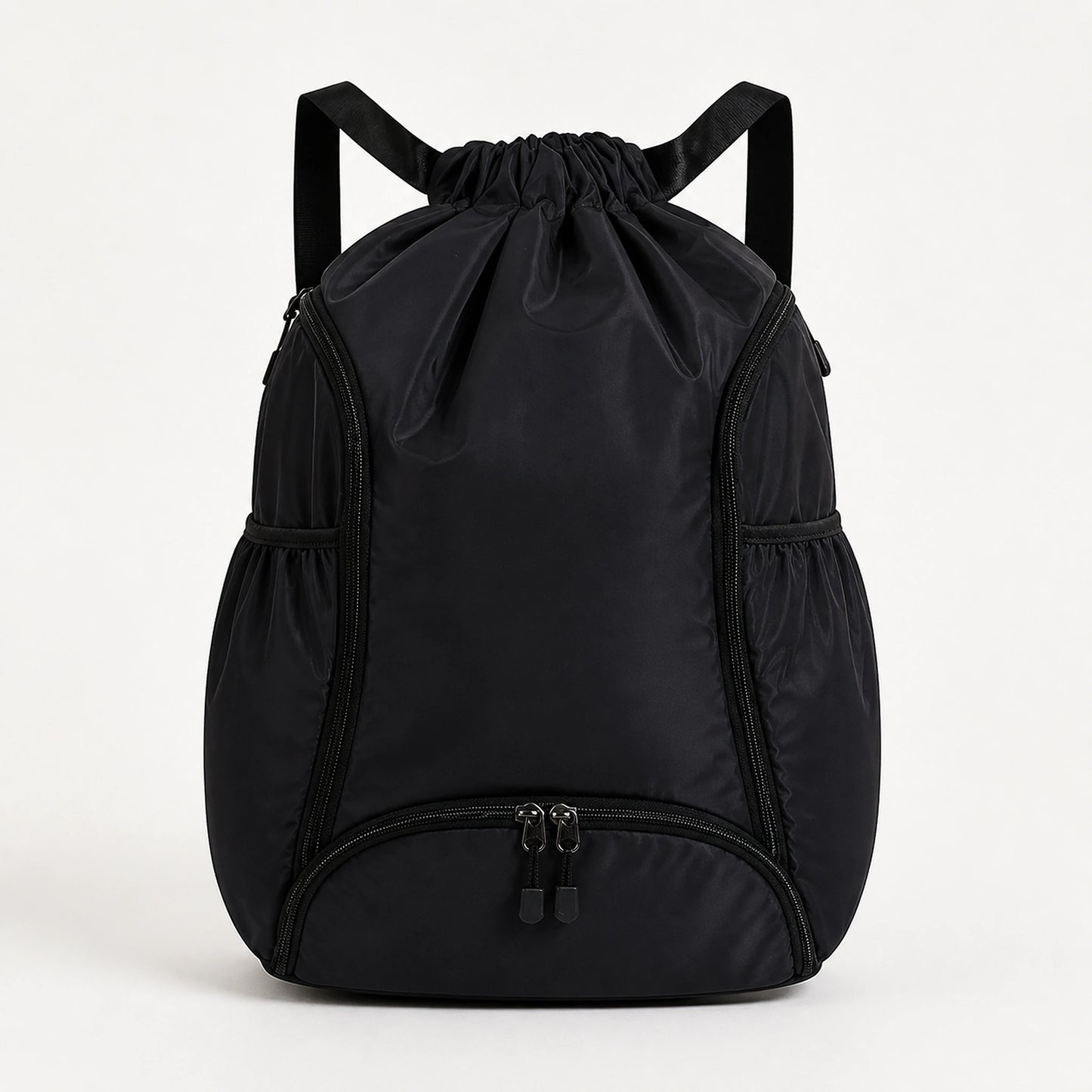 drawstring backpack — Black drawstring sports backpack, complete front product view — view 3