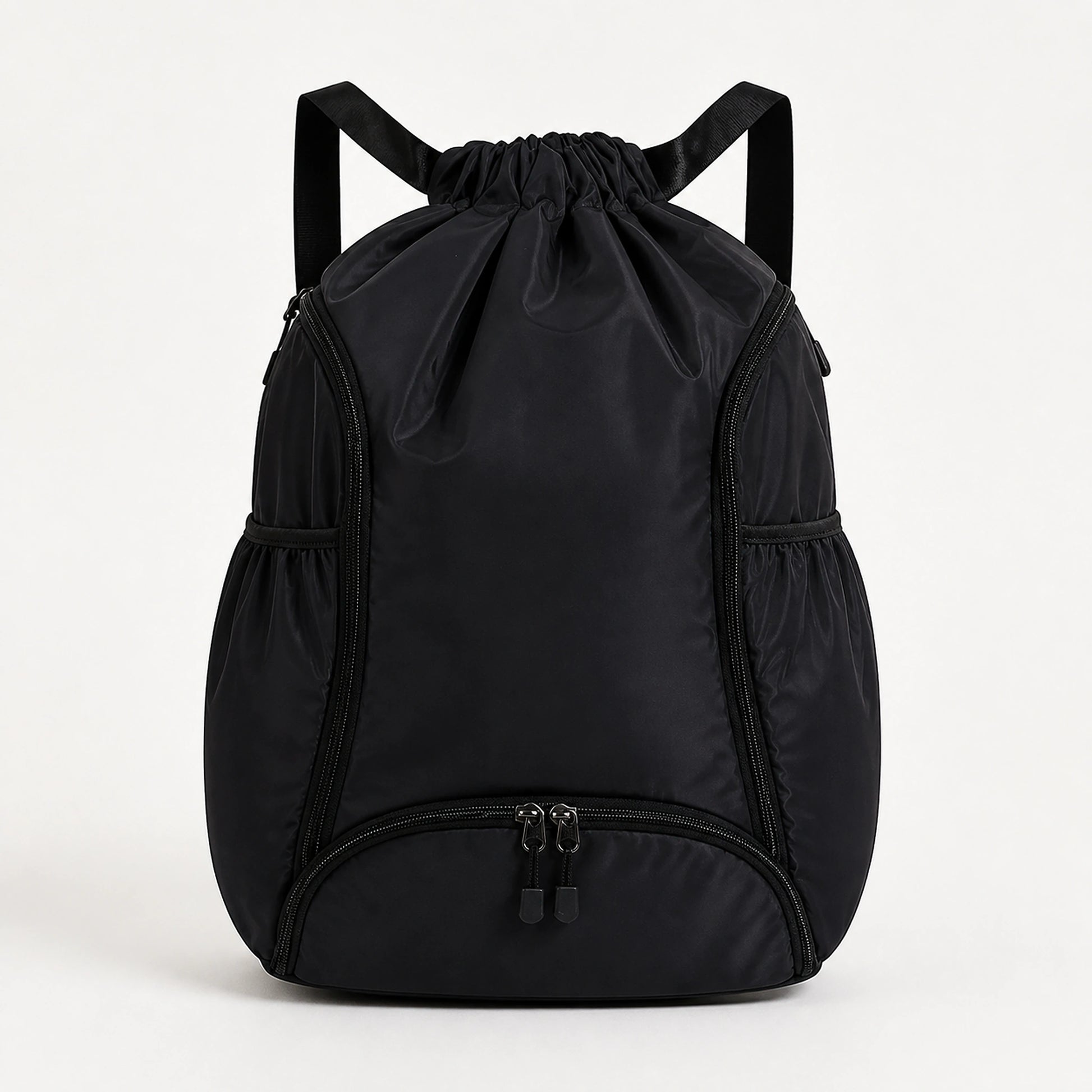 drawstring backpack — Black drawstring sports backpack, complete front product view — view 3