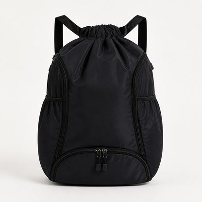 drawstring backpack — Black drawstring sports backpack, complete front product view — view 3