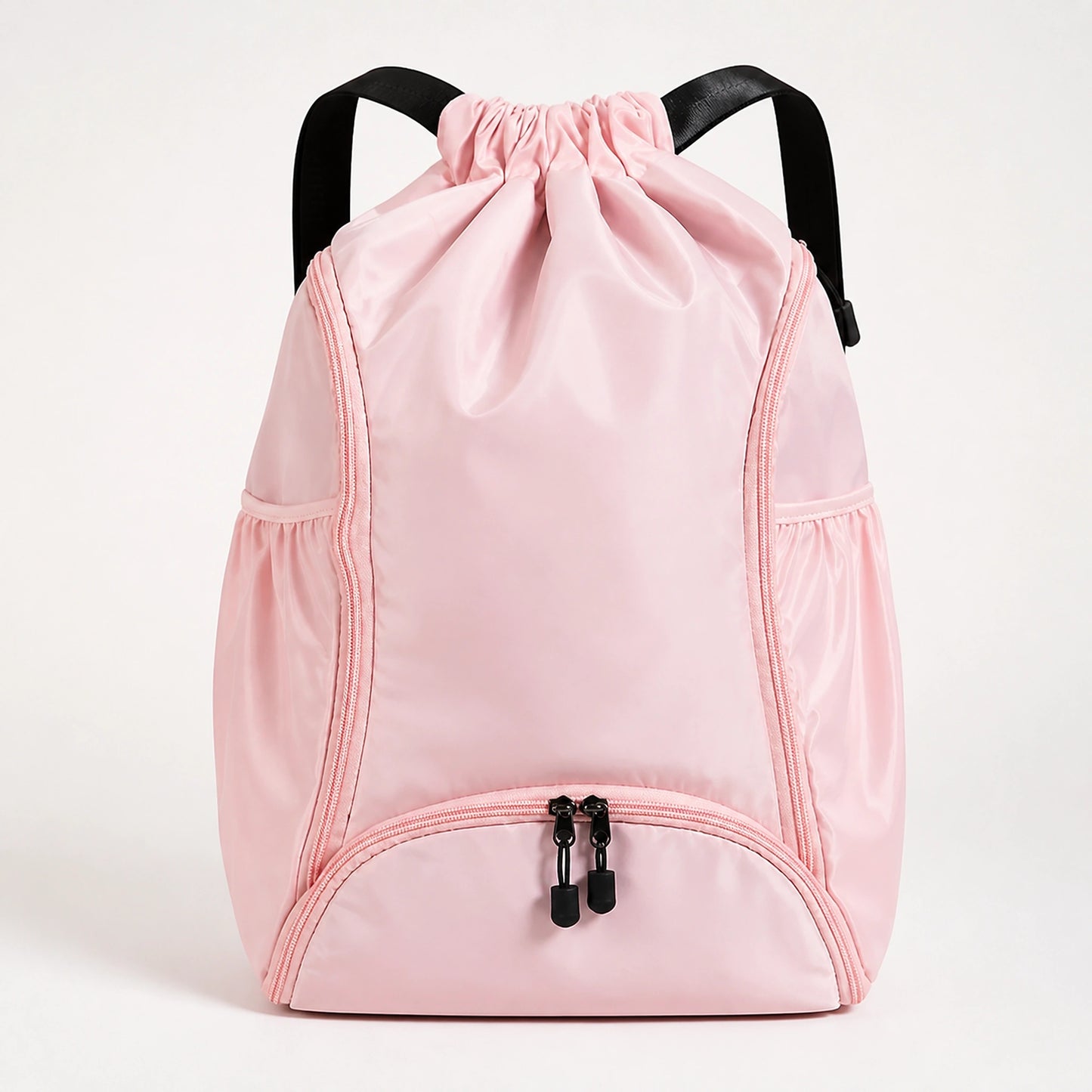 drawstring backpack — Pink drawstring sports backpack, complete front product view — view 4