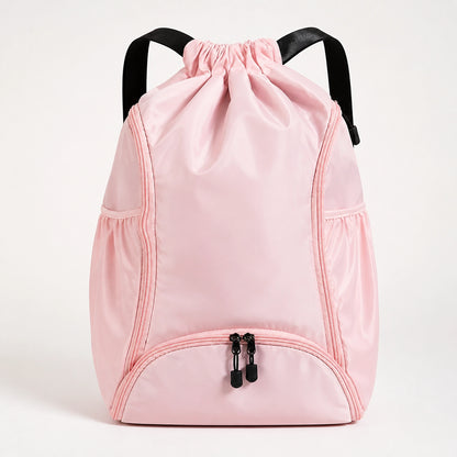 drawstring backpack — Pink drawstring sports backpack, complete front product view — view 4