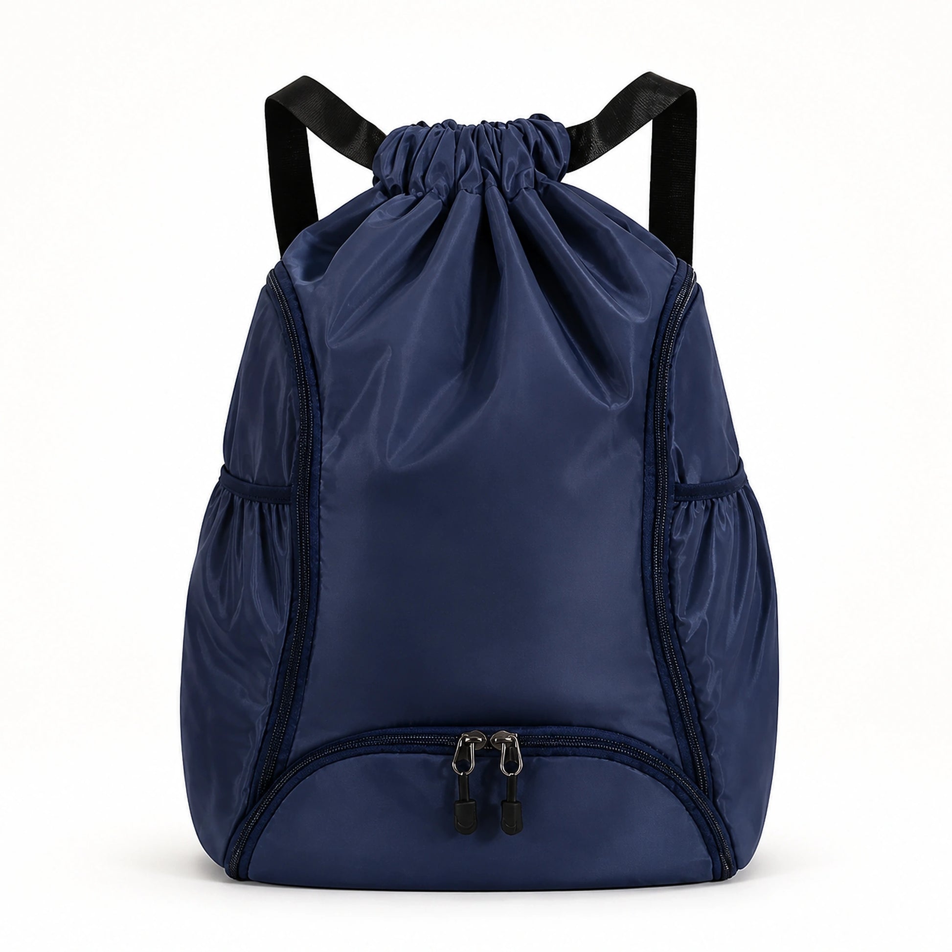 drawstring backpack — Navy blue drawstring sports backpack, complete front product view — view 5